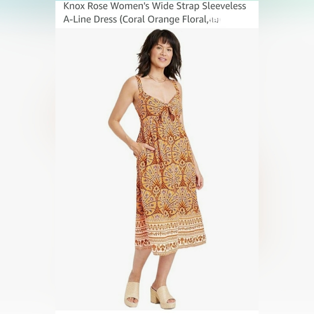 Knox Rose Women's Wide Strap Sleeveless A-Line Dress  Coral Orange Floral Medium